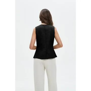 Women's Tweed Blazer Vest Sleeveless Button Front Casual Blazer Jackets Work Office Vest Black