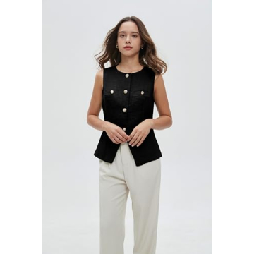 Women's Tweed Blazer Vest Sleeveless Button Front Casual Blazer Jackets Work Office Vest Black
