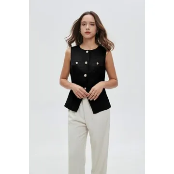 Women's Tweed Blazer Vest Sleeveless Button Front Casual Blazer Jackets Work Office Vest Black