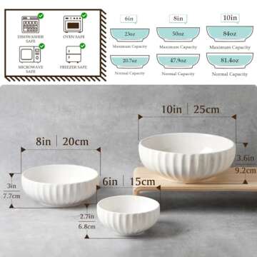 NUTRIUPS Serving Bowls, Nesting Bowls, 84/50/23oz Ceramic Salad Bowl for Cooking Baking, 10/8/6 in M...