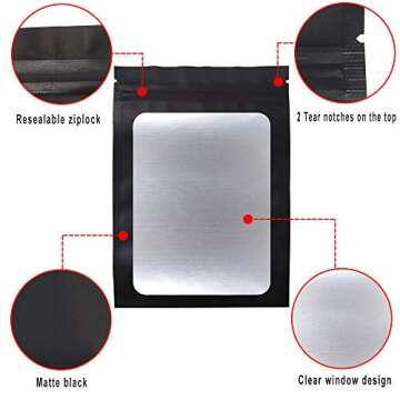 STUs 100 Pack Resealable Mylar Bags 4 x 6 Inch Smell Proof Bags with Clear Window Foil Pouch Bag Flat Bag Matte Black