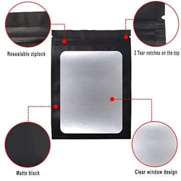 STUs 100 Pack Resealable Mylar Bags 4 x 6 Inch Smell Proof Bags with Clear Window Foil Pouch Bag Flat Bag Matte Black