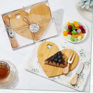 Patelai 24 Set Bridal Shower Favor Heart Cheese Board Cheese Knives Wood Mini Charcuterie Board Thank You Gift Box for Guest Bridal Baby Shower Prize Wedding Birthday Valentines Day (Bamboo Color)