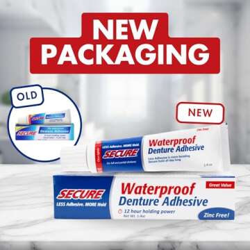 Secure Waterproof Denture Adhesive - Zinc Free - Extra Strong Hold For Upper, Lower or Partials - 1.4 oz
