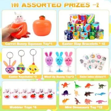 EasterEgg Fillers Basket Stuffers - 100 Pack Easter Toys for Kids, EasterGifts Party Supplies for Classroom Prizes EasterHunting with Squishy Toys/DIY Easter Eggs/Cars/Bracelets/Bunny Maze