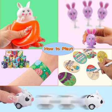EasterEgg Fillers Basket Stuffers - 100 Pack Easter Toys for Kids, EasterGifts Party Supplies for Classroom Prizes EasterHunting with Squishy Toys/DIY Easter Eggs/Cars/Bracelets/Bunny Maze