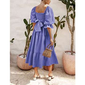 UIMLK Women's Puff Sleeve Smocked Gingham Off The Shoulder Back Bow Tie Flowy Cottagecore Bohemian Ruffle Midi Dress