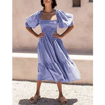 UIMLK Women's Puff Sleeve Smocked Gingham Off The Shoulder Back Bow Tie Flowy Cottagecore Bohemian Ruffle Midi Dress