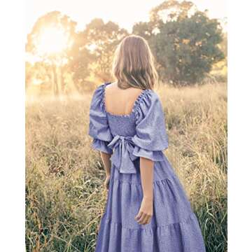 UIMLK Women's Puff Sleeve Smocked Gingham Off The Shoulder Back Bow Tie Flowy Cottagecore Bohemian Ruffle Midi Dress