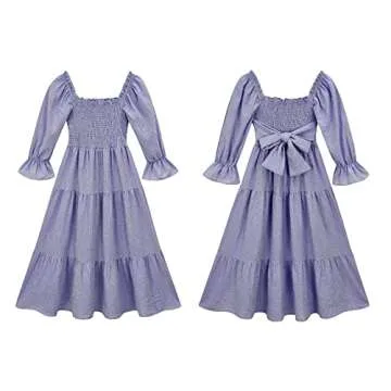 UIMLK Women's Puff Sleeve Smocked Gingham Off The Shoulder Back Bow Tie Flowy Cottagecore Bohemian Ruffle Midi Dress