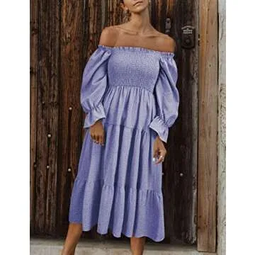 UIMLK Women's Puff Sleeve Smocked Gingham Off The Shoulder Back Bow Tie Flowy Cottagecore Bohemian Ruffle Midi Dress