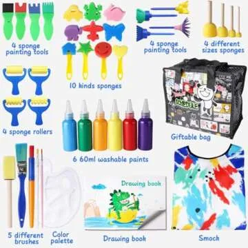 Toddler Painting Set Washable Paint Smock Brushes for Kids Non Toxic Tempera Finger Paints, Brushes, Paint Paper, Sponge, Palette, Smock Supplies for Toddlers Early Learning Drawing Gifts