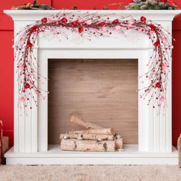 Valentines Day Decorations 5.7Ft Garland with Red Pink Heart - Valentine’s Decor with Berries for Table Mantel Fireplace Door Wall
