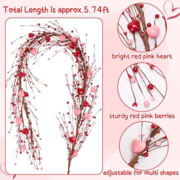 Valentines Day Decorations 5.7Ft Garland with Red Pink Heart - Valentine’s Decor with Berries for Table Mantel Fireplace Door Wall
