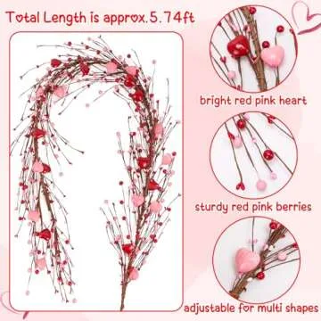 Valentines Day Decorations 5.7Ft Garland with Red Pink Heart - Valentine’s Decor with Berries for Table Mantel Fireplace Door Wall
