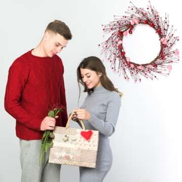 Valentines Day Decorations 5.7Ft Garland with Red Pink Heart - Valentine’s Decor with Berries for Table Mantel Fireplace Door Wall