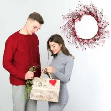 Valentines Day Decorations 5.7Ft Garland with Red Pink Heart - Valentine’s Decor with Berries for Table Mantel Fireplace Door Wall