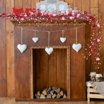 Valentines Day Decorations 5.7Ft Garland with Red Pink Heart - Valentine’s Decor with Berries for Table Mantel Fireplace Door Wall