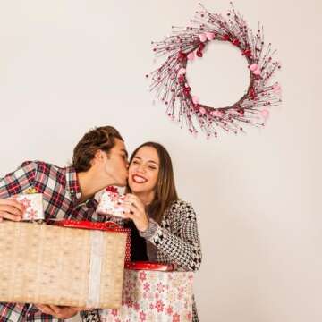 Valentines Day Decorations 5.7Ft Garland with Red Pink Heart - Valentine’s Decor with Berries for Table Mantel Fireplace Door Wall