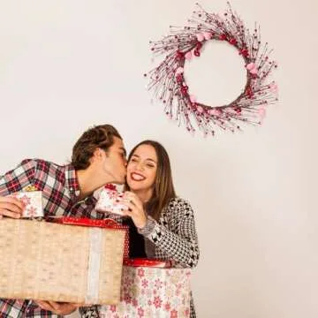 Valentines Day Decorations 5.7Ft Garland with Red Pink Heart - Valentine’s Decor with Berries for Table Mantel Fireplace Door Wall