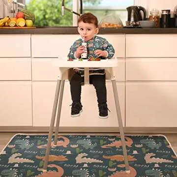 THE KIDS DEPT. Baby Splat Mat for Under High Chair Floor Mat - Splash Mat, Waterproof Floor Mat - Anti Slip, Washable, Extra Large (51 Inch) + Baby Bib with Sleeves - Dinosaur