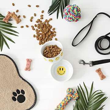 Bone Dry Ceramic Food & Water Bowls for Pets Non-Slip for Secure, Less Messy Feeding, Microwave & Dishwasher Safe, Small Set, 4.25x2, Smiley Face, 2 Count