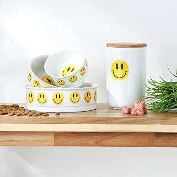 Bone Dry Ceramic Food & Water Bowls for Pets Non-Slip for Secure, Less Messy Feeding, Microwave & Dishwasher Safe, Small Set, 4.25x2, Smiley Face, 2 Count