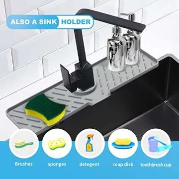 Meiliweser Silicone Faucet Splash Guard, 18” x 5.9”, Faucet Water Catcher Mat, Longer Silicone Sink Mat for Kitchen, Bathroom, Laundry Room, Farmhouse, Bar & RV (Gray)