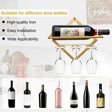 AUHOKY Metal Wall Mounted Wine Holder, Upgrade Collapsible Wall Hanging Red Wine Racks Organizer with 3 Stem Glass Holders, Red Wine Bottle Display Hanger with Screws for Home Kitchen Bar Wall Décor…