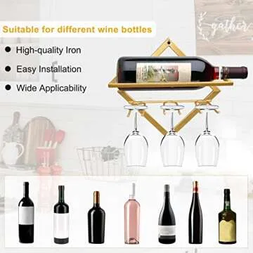 AUHOKY Metal Wall Mounted Wine Holder, Upgrade Collapsible Wall Hanging Red Wine Racks Organizer with 3 Stem Glass Holders, Red Wine Bottle Display Hanger with Screws for Home Kitchen Bar Wall Décor…