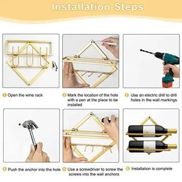 AUHOKY Metal Wall Mounted Wine Holder, Upgrade Collapsible Wall Hanging Red Wine Racks Organizer with 3 Stem Glass Holders, Red Wine Bottle Display Hanger with Screws for Home Kitchen Bar Wall Décor…