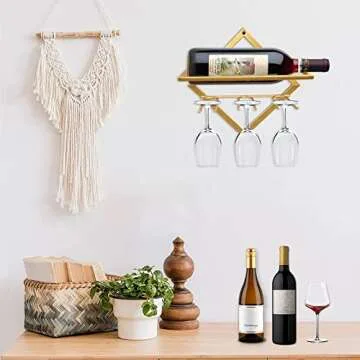 AUHOKY Metal Wall Mounted Wine Holder, Upgrade Collapsible Wall Hanging Red Wine Racks Organizer with 3 Stem Glass Holders, Red Wine Bottle Display Hanger with Screws for Home Kitchen Bar Wall Décor…
