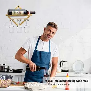 AUHOKY Metal Wall Mounted Wine Holder, Upgrade Collapsible Wall Hanging Red Wine Racks Organizer with 3 Stem Glass Holders, Red Wine Bottle Display Hanger with Screws for Home Kitchen Bar Wall Décor…