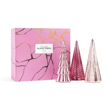 LampLust Table Top Christmas Tree Decorations with Fairy Lights, Set of 3 Assorted Trees, 10 Inch Tall, Pink Mercury Glass Finish, Batteries Included, Holiday Table Centerpiece and Mantle Decor