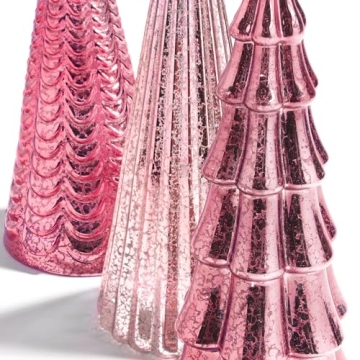 LampLust Table Top Christmas Tree Decorations with Fairy Lights, Set of 3 Assorted Trees, 10 Inch Tall, Pink Mercury Glass Finish, Batteries Included, Holiday Table Centerpiece and Mantle Decor