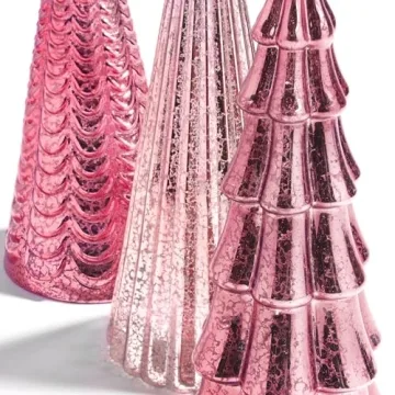 LampLust Table Top Christmas Tree Decorations with Fairy Lights, Set of 3 Assorted Trees, 10 Inch Tall, Pink Mercury Glass Finish, Batteries Included, Holiday Table Centerpiece and Mantle Decor