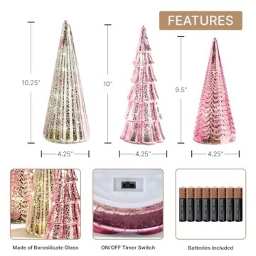 LampLust Table Top Christmas Tree Decorations with Fairy Lights, Set of 3 Assorted Trees, 10 Inch Tall, Pink Mercury Glass Finish, Batteries Included, Holiday Table Centerpiece and Mantle Decor