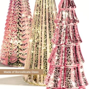 LampLust Table Top Christmas Tree Decorations with Fairy Lights, Set of 3 Assorted Trees, 10 Inch Tall, Pink Mercury Glass Finish, Batteries Included, Holiday Table Centerpiece and Mantle Decor