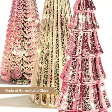 LampLust Table Top Christmas Tree Decorations with Fairy Lights, Set of 3 Assorted Trees, 10 Inch Tall, Pink Mercury Glass Finish, Batteries Included, Holiday Table Centerpiece and Mantle Decor