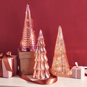 LampLust Table Top Christmas Tree Decorations with Fairy Lights, Set of 3 Assorted Trees, 10 Inch Tall, Pink Mercury Glass Finish, Batteries Included, Holiday Table Centerpiece and Mantle Decor