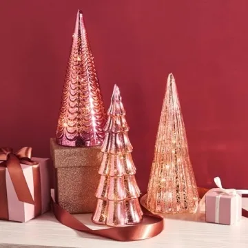 LampLust Table Top Christmas Tree Decorations with Fairy Lights, Set of 3 Assorted Trees, 10 Inch Tall, Pink Mercury Glass Finish, Batteries Included, Holiday Table Centerpiece and Mantle Decor