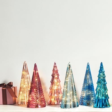 LampLust Table Top Christmas Tree Decorations with Fairy Lights, Set of 3 Assorted Trees, 10 Inch Tall, Pink Mercury Glass Finish, Batteries Included, Holiday Table Centerpiece and Mantle Decor