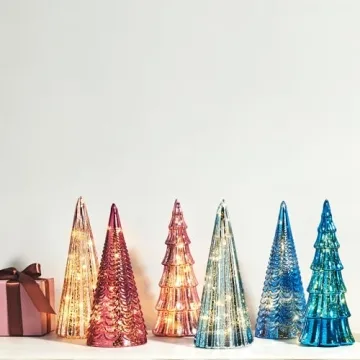 LampLust Table Top Christmas Tree Decorations with Fairy Lights, Set of 3 Assorted Trees, 10 Inch Tall, Pink Mercury Glass Finish, Batteries Included, Holiday Table Centerpiece and Mantle Decor