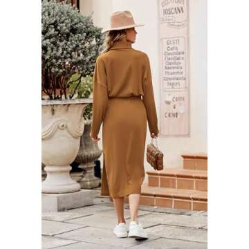 PRETTYGARDEN Women's Spring 2 Piece Matching Outfits Long Sleeve Turtleneck Ribbed Top and Midi Skirt Dress Sets (Brown,Small)