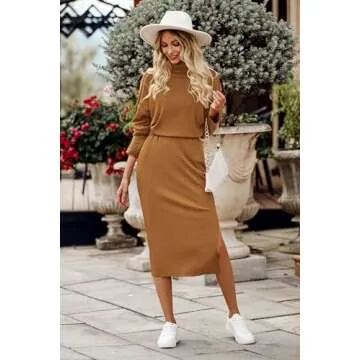 PRETTYGARDEN Women's Spring 2 Piece Matching Outfits Long Sleeve Turtleneck Ribbed Top and Midi Skirt Dress Sets (Brown,Small)