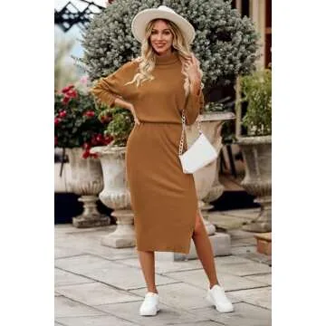 PRETTYGARDEN Women's Spring 2 Piece Matching Outfits Long Sleeve Turtleneck Ribbed Top and Midi Skirt Dress Sets (Brown,Small)