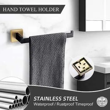 TURS 5-Piece Bathroom Hardware Set Black and Gold Towel Bar Sets Include 24 Inch Towel Bar Hand Towel Holder Toilet Paper Holder and 2 Towel Hooks,Stainless Steel Wall Mounted