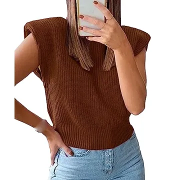 xxxiticat Women's Shoulder Pad Sweater Sleeveless Turtleneck Wide Shoulder Knitted Brown Vest Crop T...
