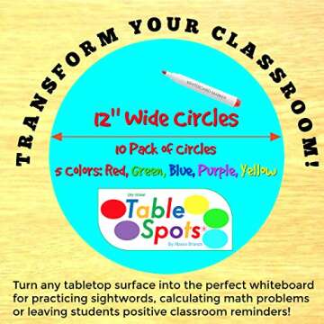 New Larger Size! | The Original Table Spots for Teachers | No Staining, No Shadowing, Complete Erase! Dry Erase, 10 Pack Multicolor Circles, Wall Stickers, Decals