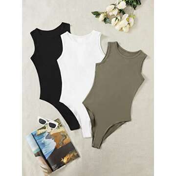 Milumia Women's 3 Pack Solid Round Neck Sleeveless Bodysuits Set